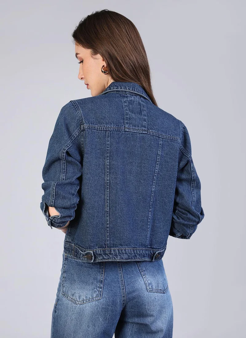 Urbano Fashion  Urbano Fashion Women's Blue Regular Fit Washed Full Sleeve Denim Jacket for Women | Best Price UAE